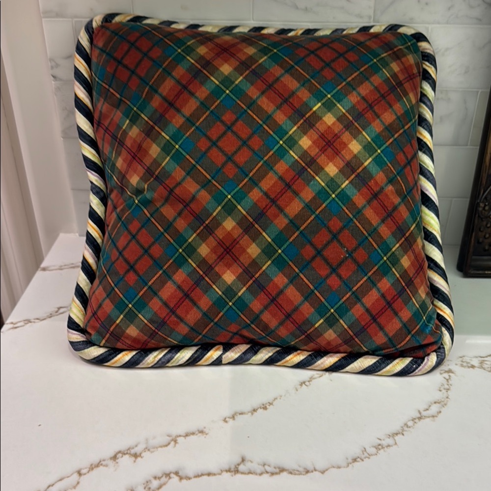 MacKenzie-Childs Red and Green Accent Pillow Festive Tartan Design